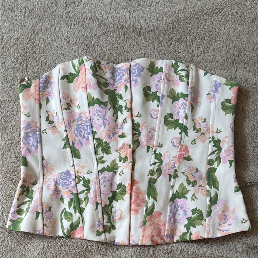 Zara Floral Strapless Corset Top in White with Pink, Lavender & Green